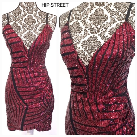 WINDSOR Red Sequin Spaghetti Strap Sarong Skirt Stretch Prom Party Mini Dress L - Picture 1 of 5